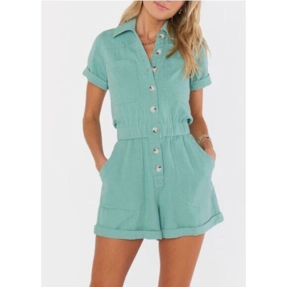 Show Me Your MuMu Cannon Romper Mint Denim Size Medium NWT! - Picture 1 of 6